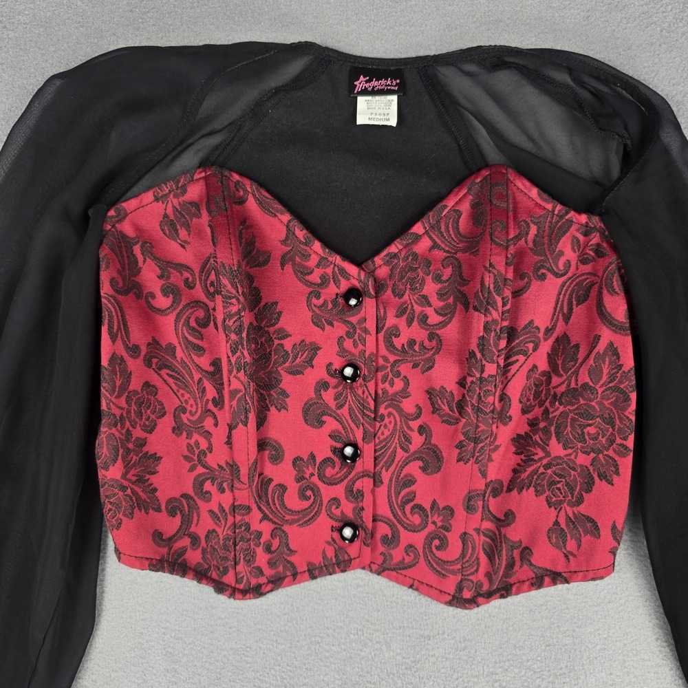 Frederick's Of Hollywood Corset Top Womens Medium Red‎ Black Floral Sheer Goth